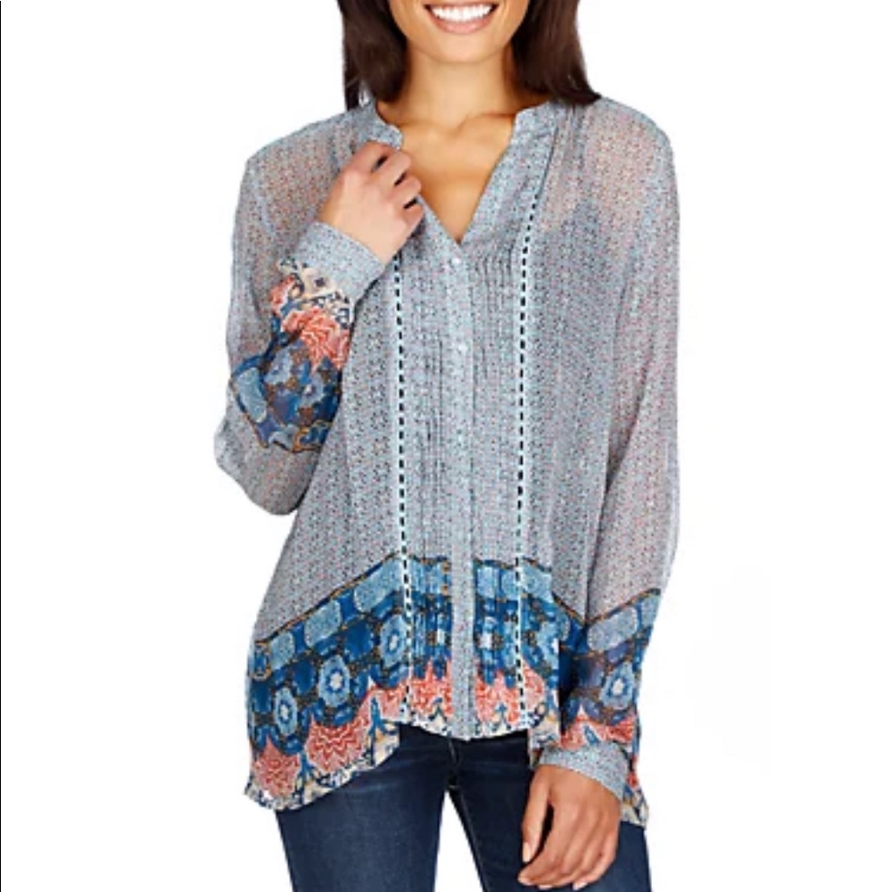 Lucky Brand Mixed Print Blue Multi Blouse Size XS